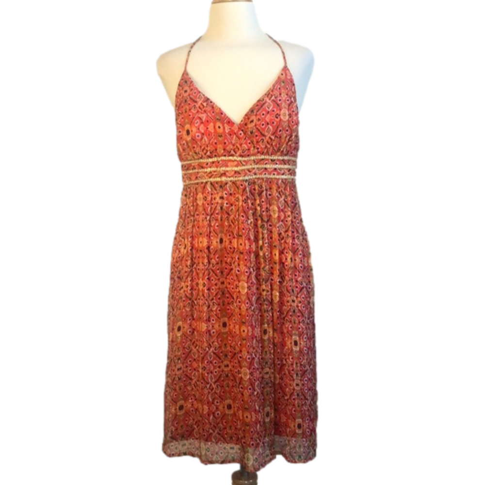 MUSE Silk Halter Midi Dress Size‎ 6 Padded Bra Metallic Detail Babydoll Coquette